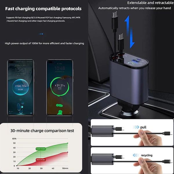 4-in-1 Retractable Car Charger | Fast Charging Multi Port Adapter