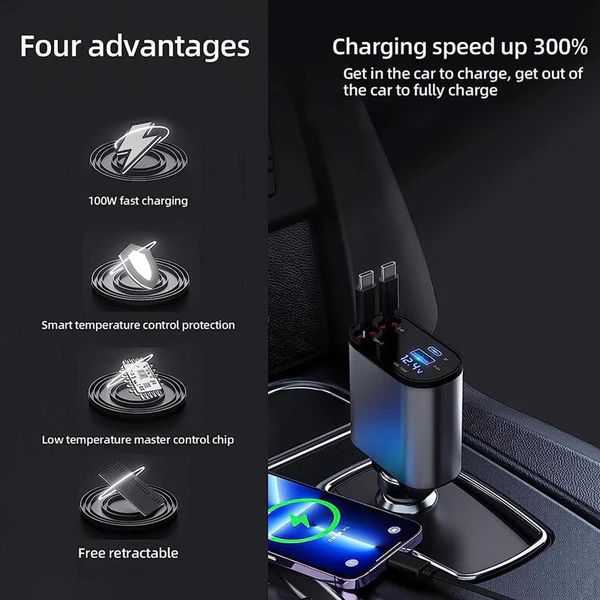 4-in-1 Retractable Car Charger | Fast Charging Multi Port Adapter