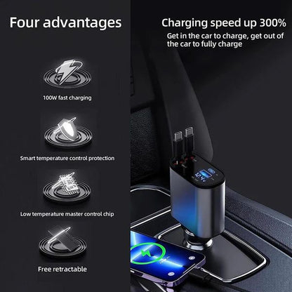 4-in-1 Retractable Car Charger | Fast Charging Multi Port Adapter
