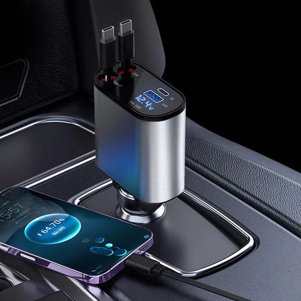 4-in-1 Retractable Car Charger | Fast Charging Multi Port Adapter