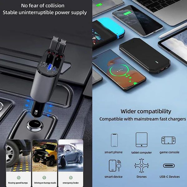 4-in-1 Retractable Car Charger | Fast Charging Multi Port Adapter